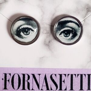 NWT ANTIQUE ART ROUND EARRINGS SILVER FORNASETTI EVIL EYE PROTECTION CHARM STUDS